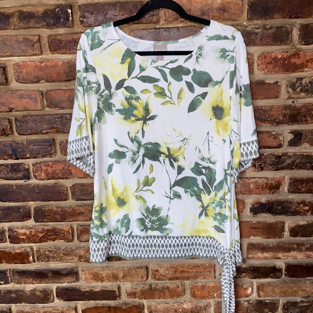 Chico's White Floral Tie-Hem Blouse with Yellow & Green Print
